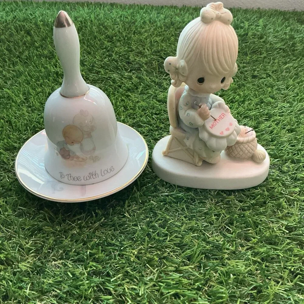 Vintage Precious Moments Mother Figurine Bell Plate Enesco 1978 3 Piece Lot